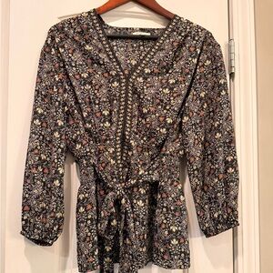 Max Studio Black Floral V-Neck Blouse belted elastic waist L